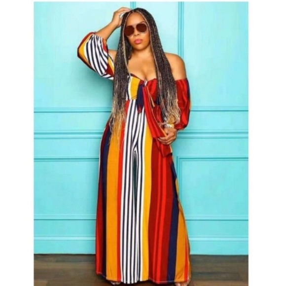 Pants - Plus Off Shoulder Striped One Piece Jumpsuit
